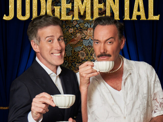 image of Anton Du Beke and Craig Revel Horwood holding cups of tea in their hands. Anton has a big smile on his face whilst Craig has more of a judging look on his face.